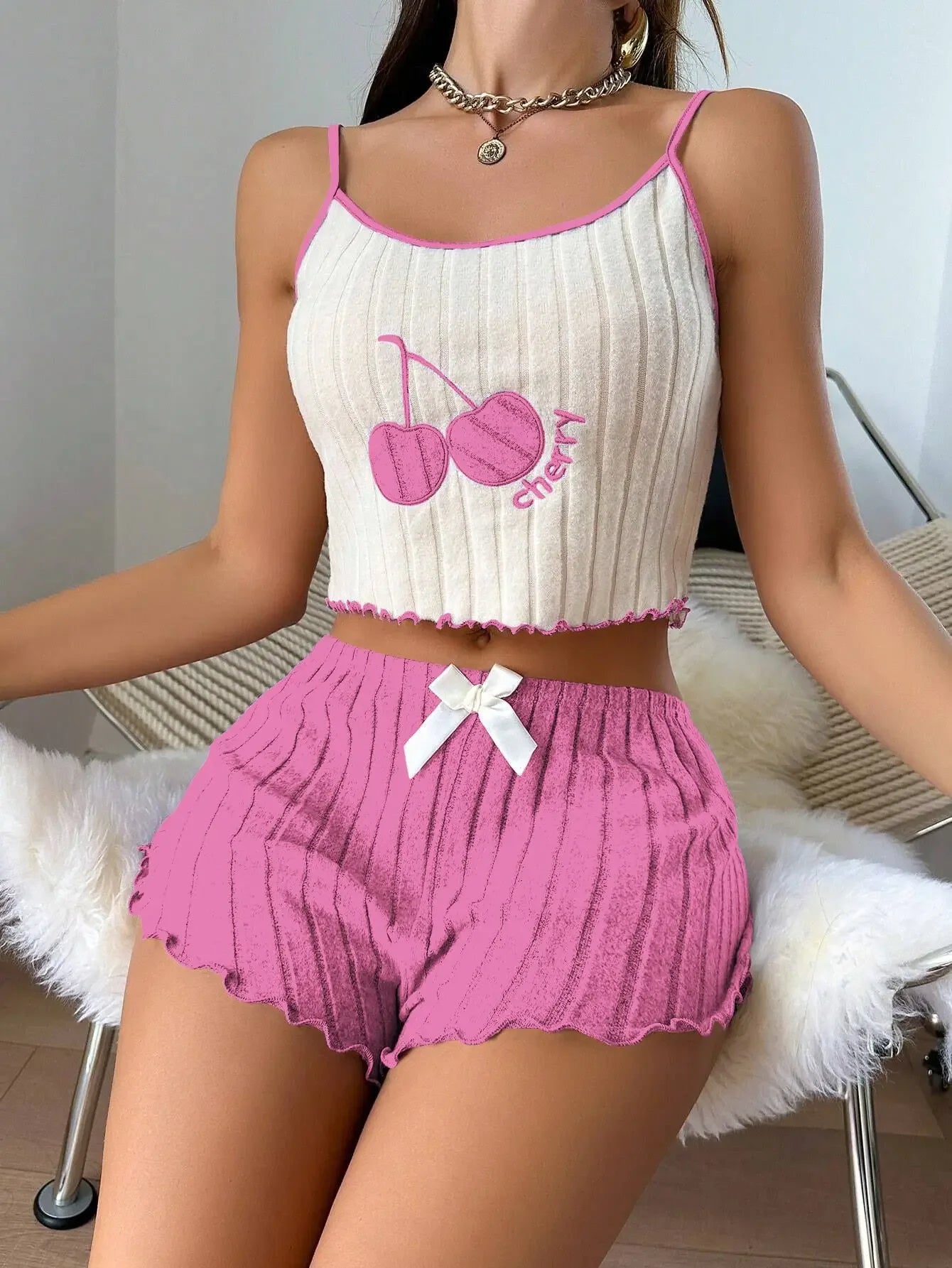 Summer 2pcs Pajamas Set for Women Casual Simple Ground Wool Halter Vest Shorts Set Home Wear Sleepwear Loungerwear