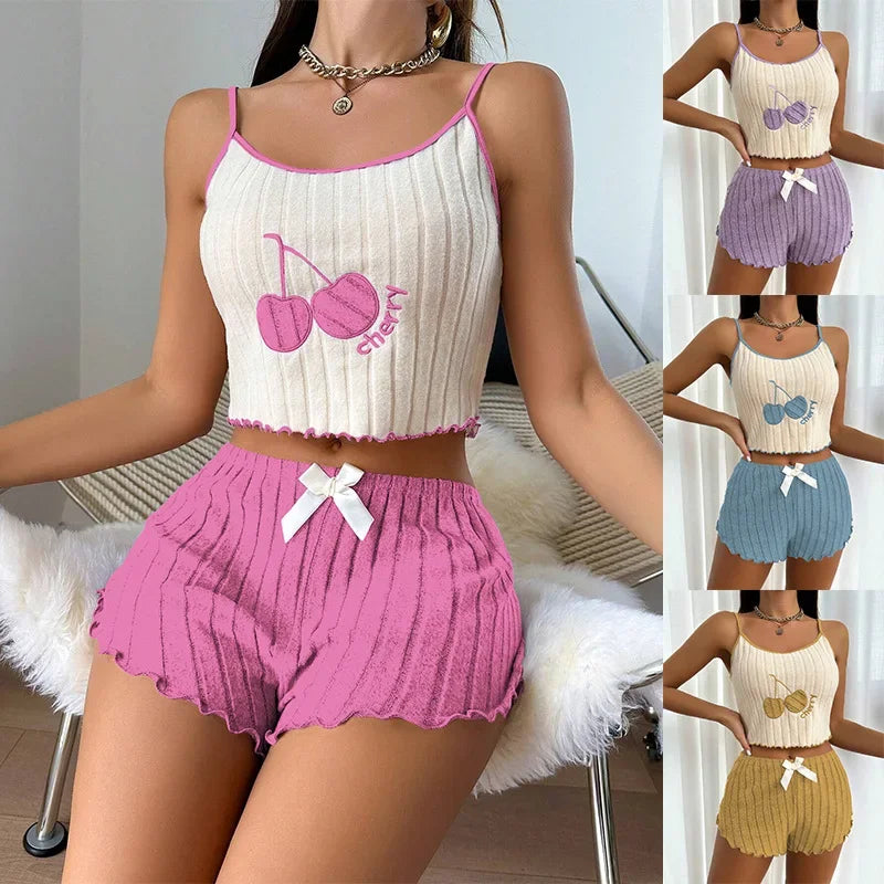 Summer 2pcs Pajamas Set for Women Casual Simple Ground Wool Halter Vest Shorts Set Home Wear Sleepwear Loungerwear