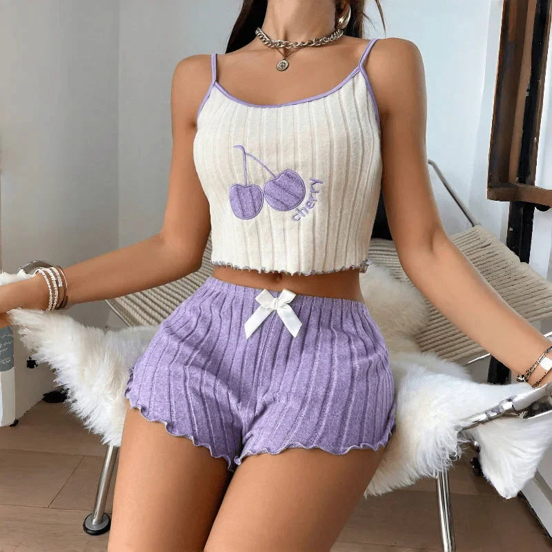 Summer 2pcs Pajamas Set for Women Casual Simple Ground Wool Halter Vest Shorts Set Home Wear Sleepwear Loungerwear