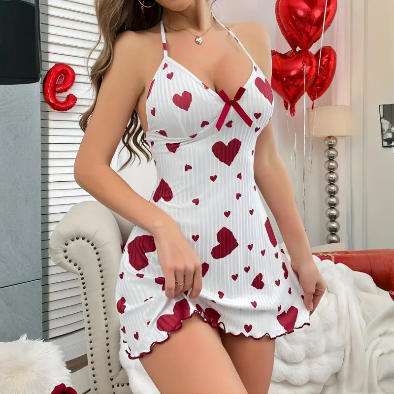 Women's White Heart Print Chemise Ribbed V-Neck Nightgown Bow Detail Sleepwear Soft Comfortable Lingerie Dress