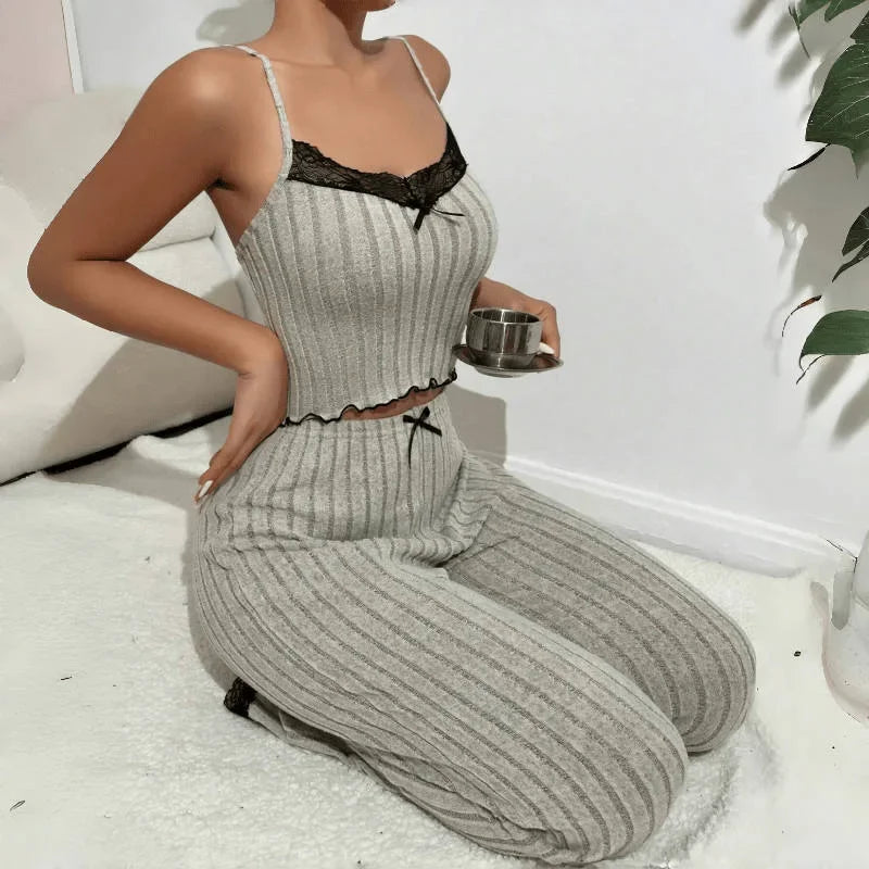 Spring Summer Sleepwear Women's Pajamas Tank Tops Tee Trouser 2 Piece Set Loose Home Wear Suit Nightwear Pyjamas