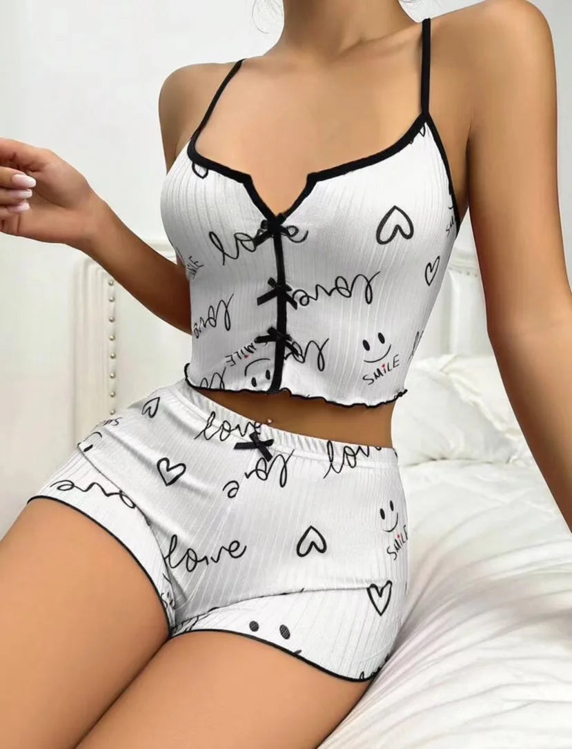 Women's Cute Pajama Set Heart Print Lettuce Trim Bow Front Cami Top and Shorts Pj Set Soft Sleepwear