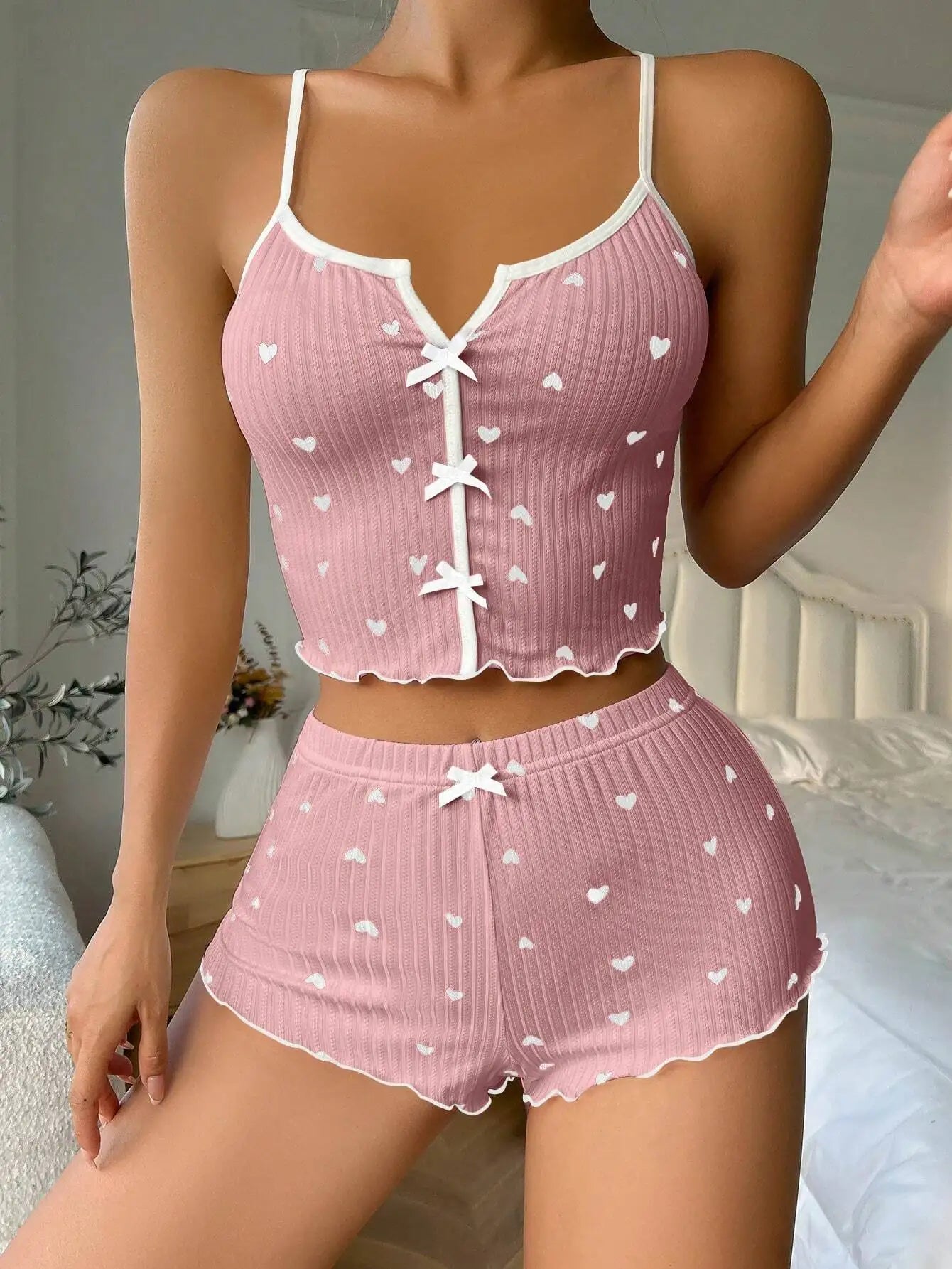 Women's Cute Pajama Set Heart Print Lettuce Trim Bow Front Cami Top and Shorts Pj Set Soft Sleepwear