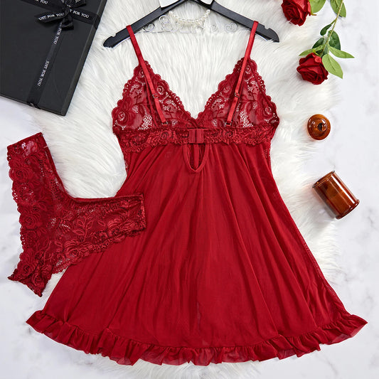 Summer Sexy Lingerie Dress Women Lace See Through Nightdress Sleepwear Solid Slim Soft V Neck Full Slip Sleepwear & Dresses