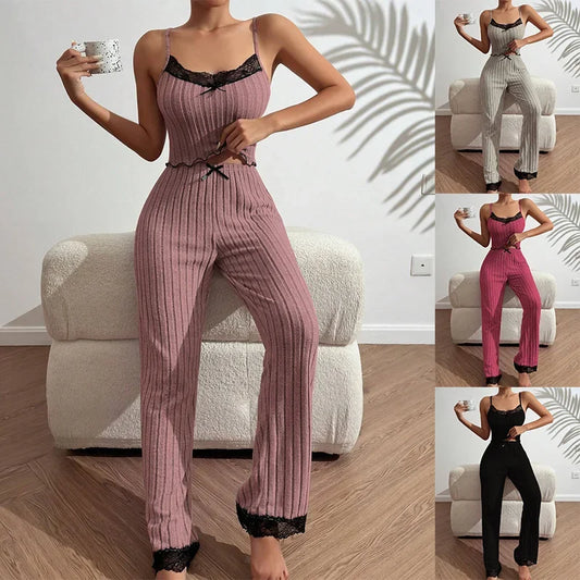 Spring Summer Sleepwear Women's Pajamas Tank Tops Tee Trouser 2 Piece Set Loose Home Wear Suit Nightwear Pyjamas